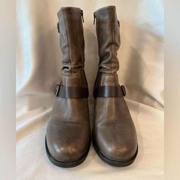 Leather Slouch Ankle Boots Gray Brown Moto Buckle Lug Block Heel SZ 10.5 - Picture 2 of 11